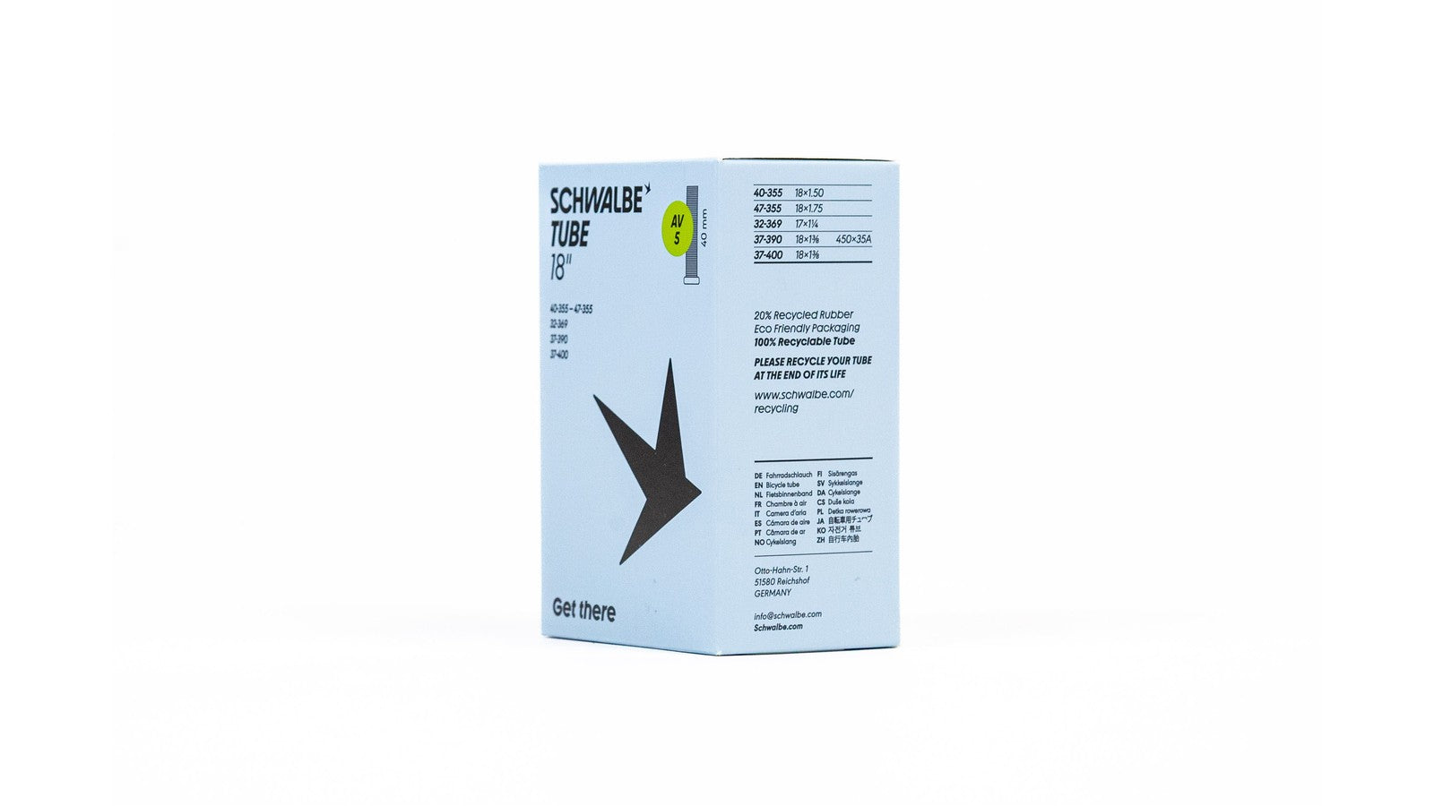 Chambre a air Schwalbe 18 pouces compatible valves Presta et Schrader longueur 40 mm pour velo